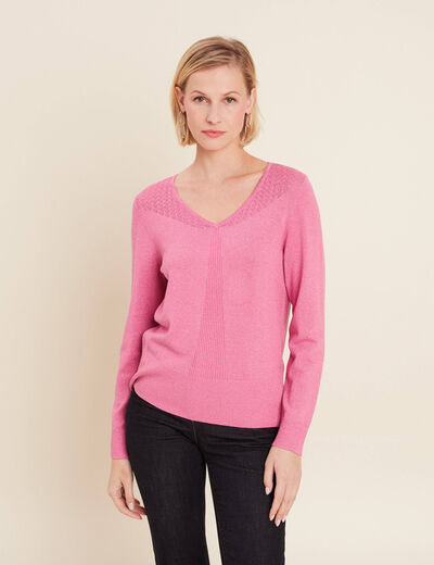 Pull manches longues col en V rose femme