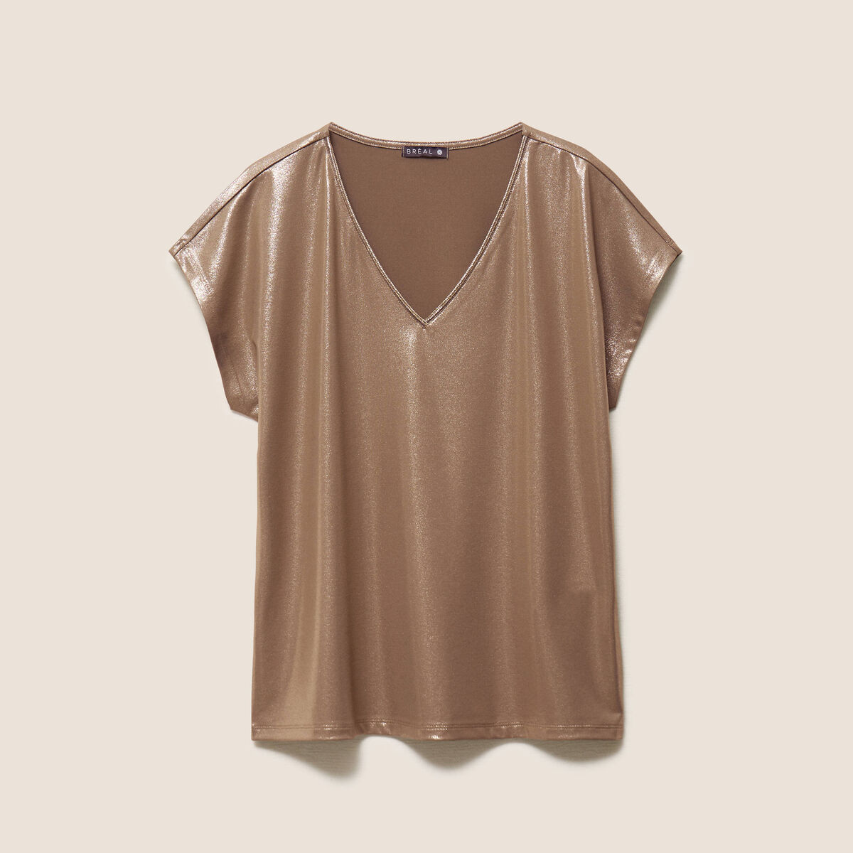 T-shirt col V manches courtes vert kaki femme