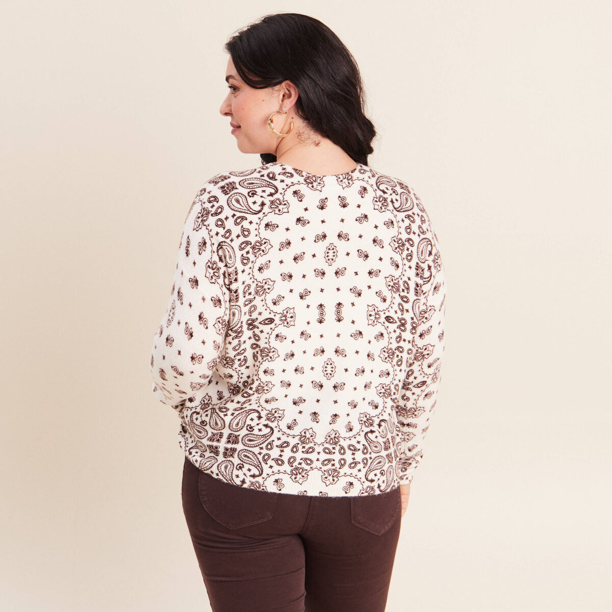 Pull col rond marron femme