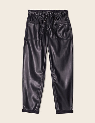 Pantalon paperbag simili cuir noir femme
