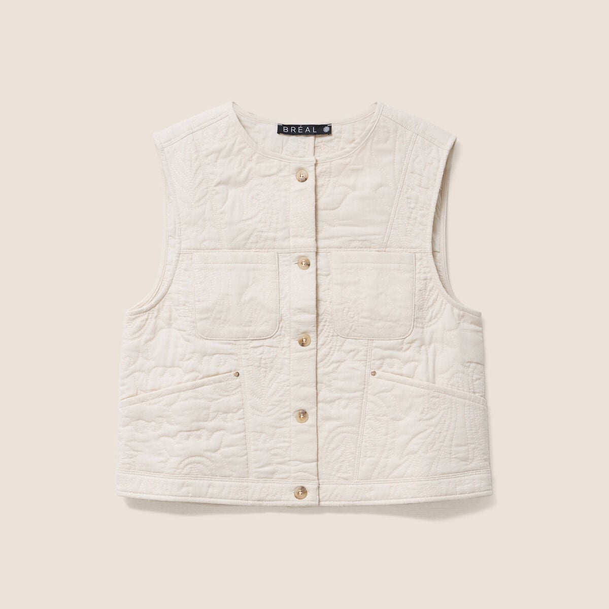 Gilet sans manches doubl&eacute; coton ecru femme