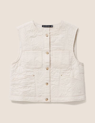 Gilet sans manches doubl&eacute; coton ecru femme