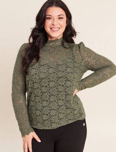 T-shirt cintr&eacute; col montant dentelle vert kaki femme