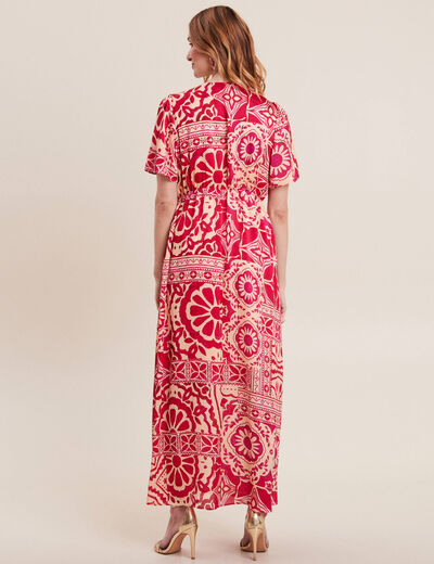 Robe longue évasée satin rose fushia femme