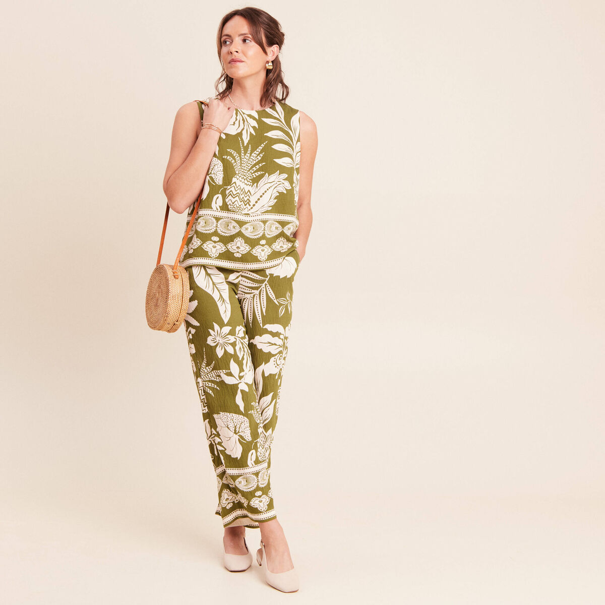 Pantalon large 7/8&egrave;me taille haute vert kaki femme