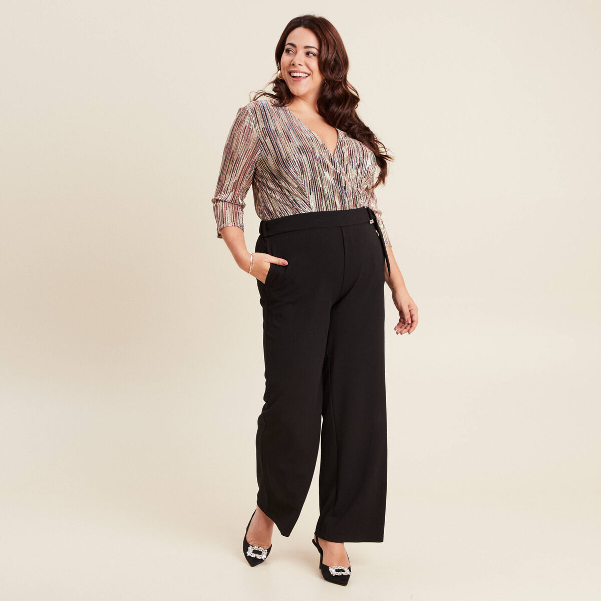 Combinaison pantalon paillet&eacute;e rose femme