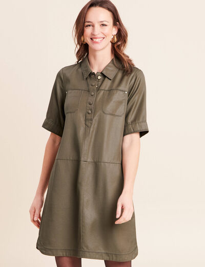 Robe droite courte enduite col chemise vert kaki femme