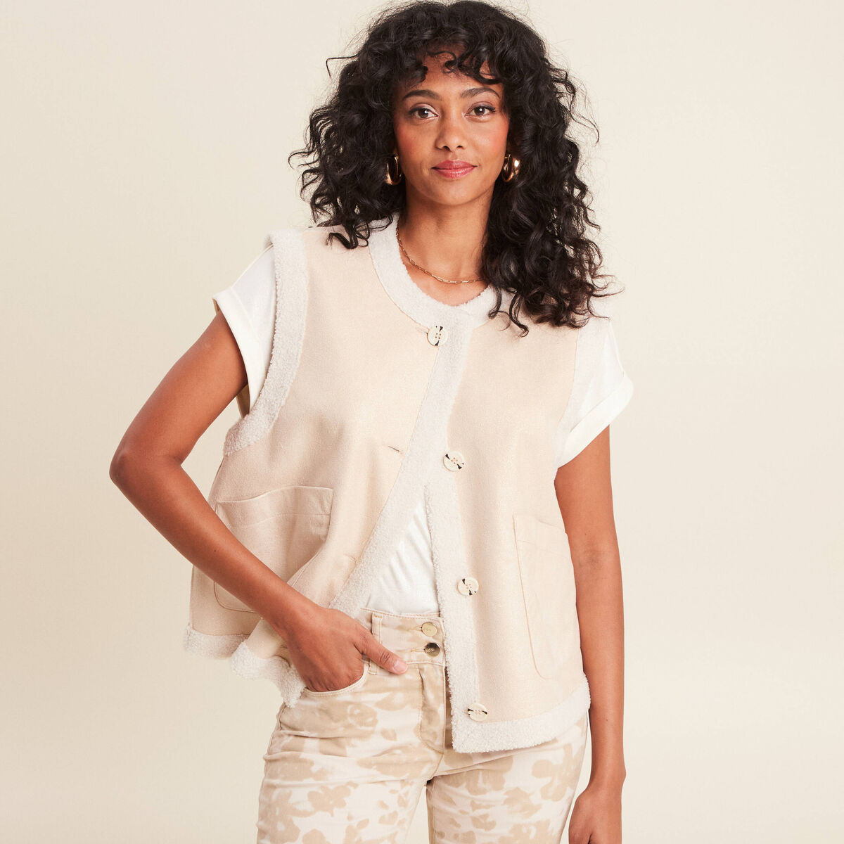 Gilet r&eacute;versible laine mouton beige femme