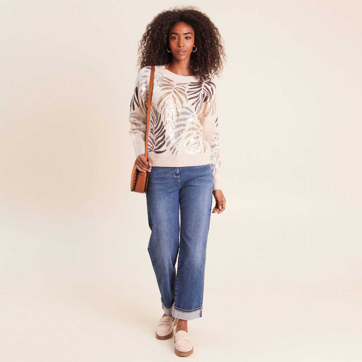 Pull col rond &agrave; sequins couleur or femme