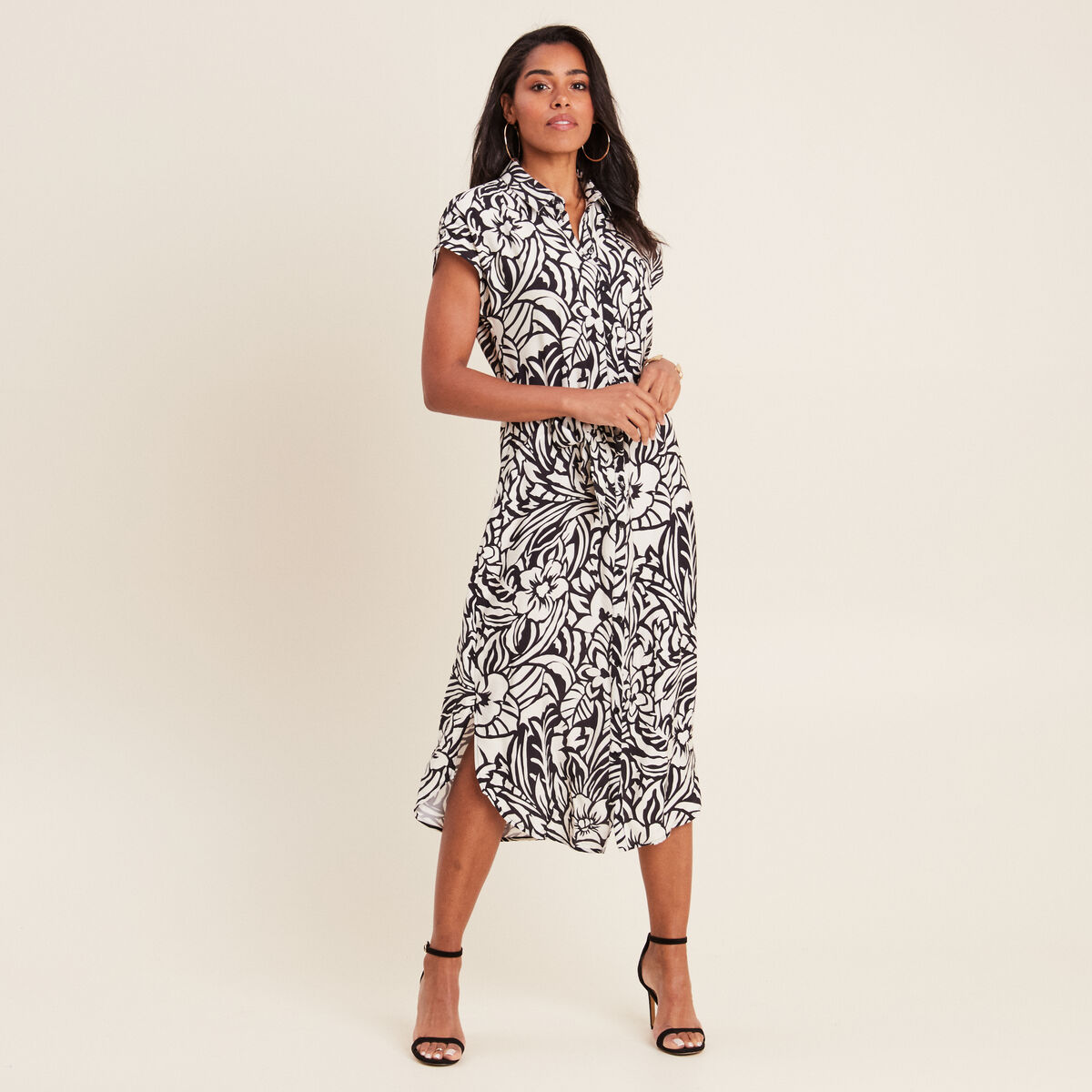 Robe chemise midi ceinturée noir femme