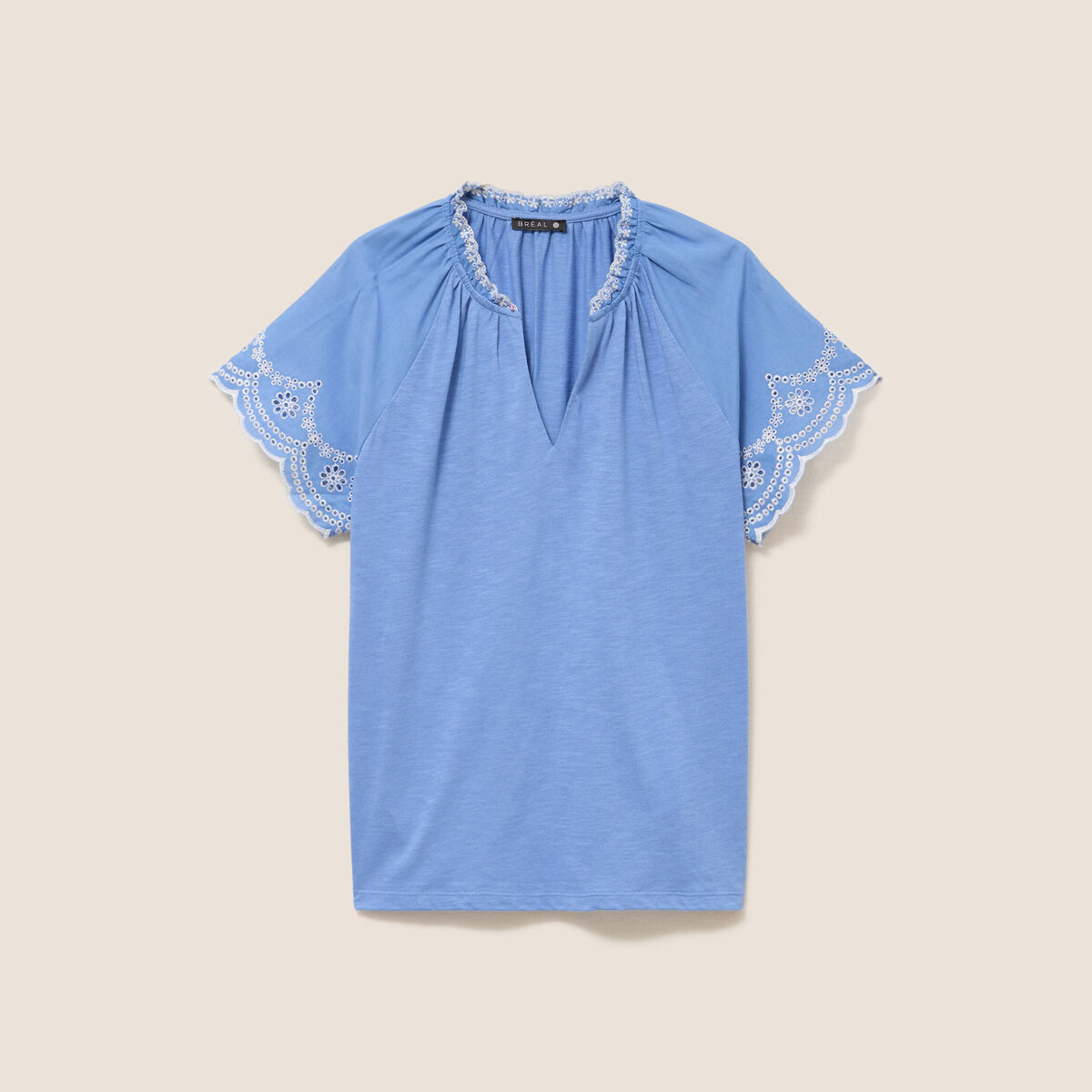 Blouse col tunisien manches courtes bleu ciel femme