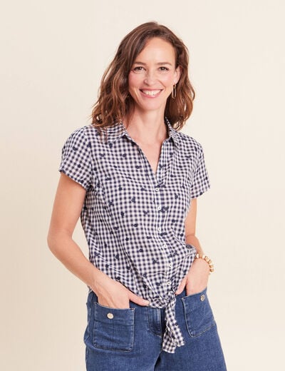 Chemise cintr&eacute;e col v manches courtes bleu femme