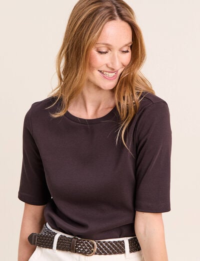 T-shirt ajust&eacute; col rond manches coudes marron fonc&eacute; femme