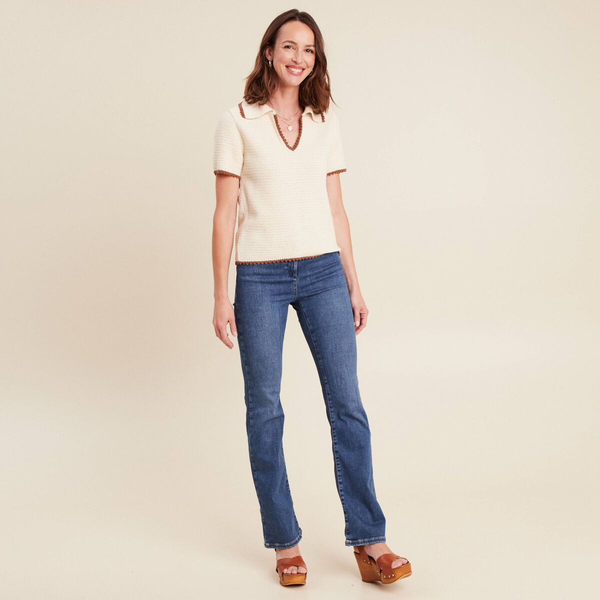 Pull col chemise manches courtes ecru femme