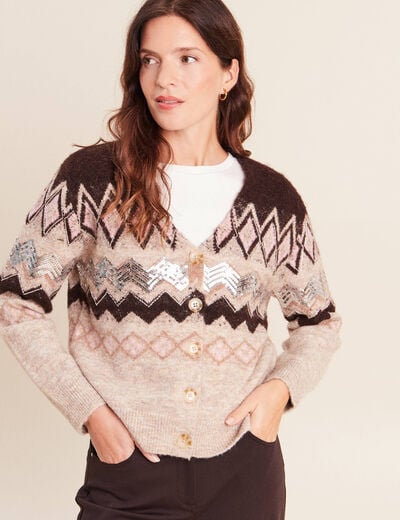 Cardigan jacquard col rond marron femme
