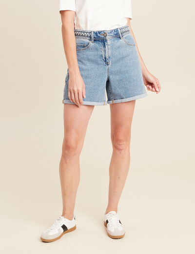 Short large taille haute en jean denim double stone femme