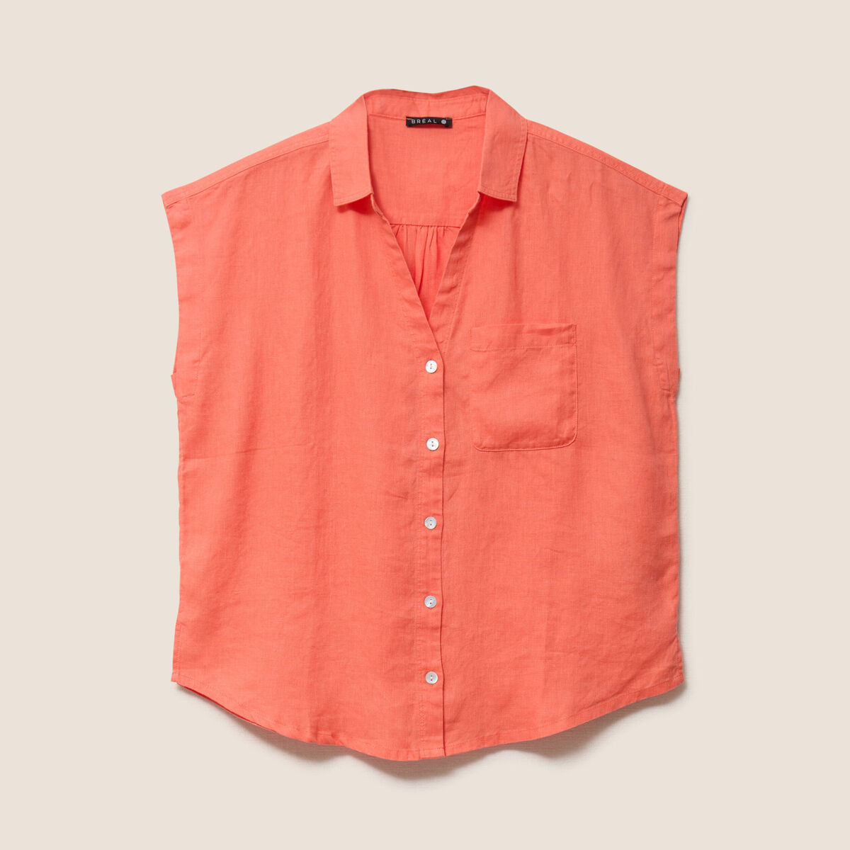 Chemise ample manches courtes aspect lin orange fluo femme