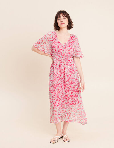 Robe longue &eacute;vas&eacute;e col v manches coudes rose femme