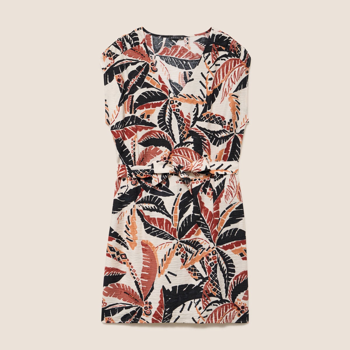 Robe droite courte col V manches courtes orange femme