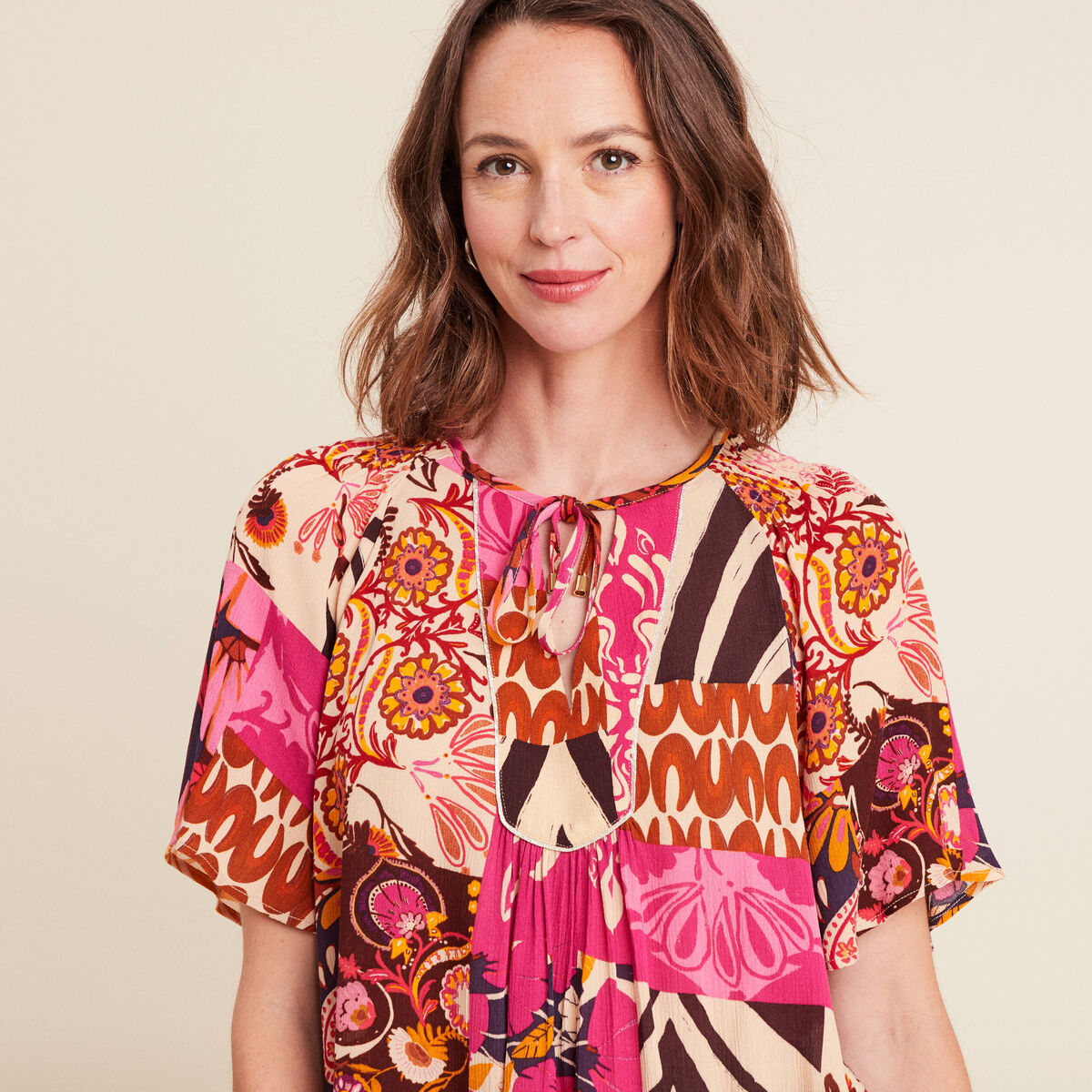 blouse ample crêpe col tunisien rose femme