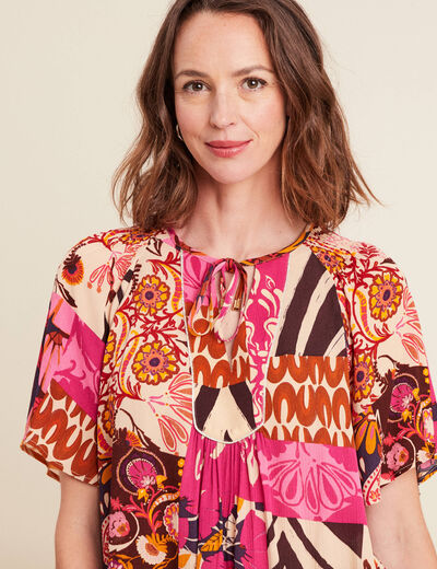 blouse ample crêpe col tunisien rose femme