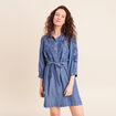 Robe courte &eacute;vas&eacute;e manches 3/4 brod&eacute;e denim double stone femme