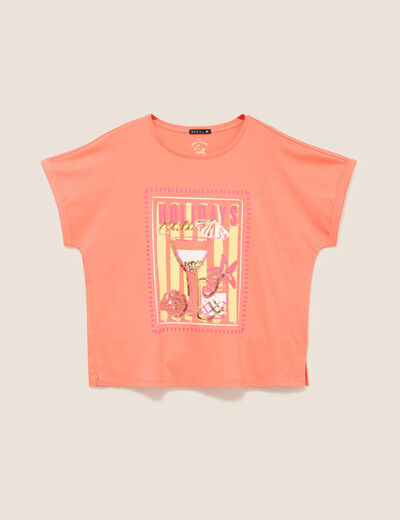 T-shirt col rond manches courtes sequins orange fluo femme
