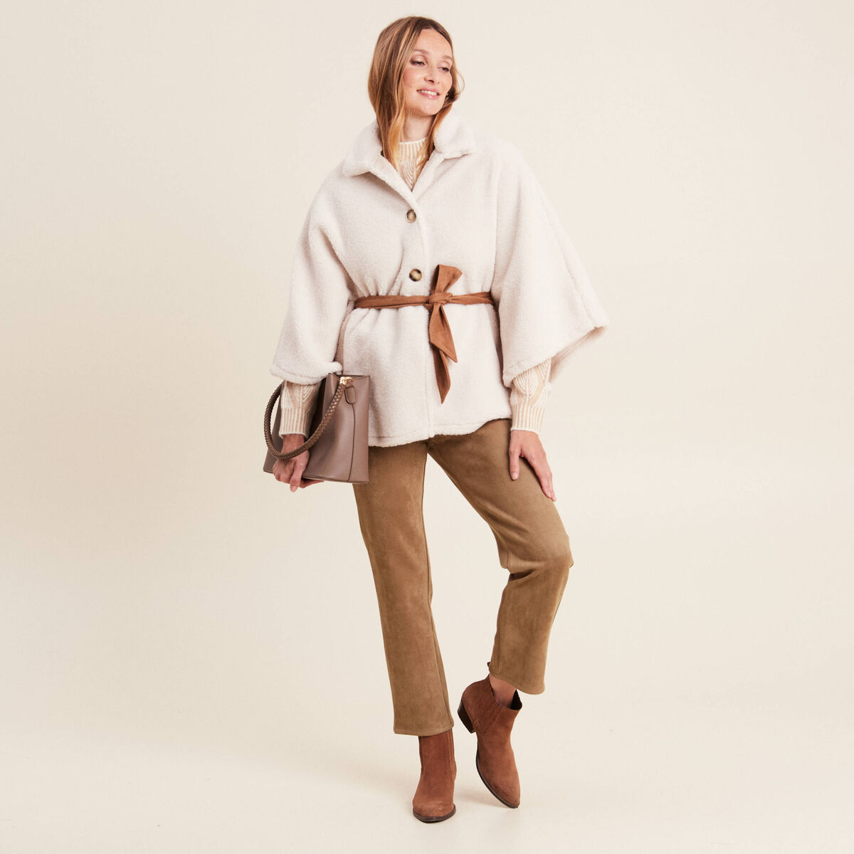 Pantalon droit suédine 7/8ème marron femme