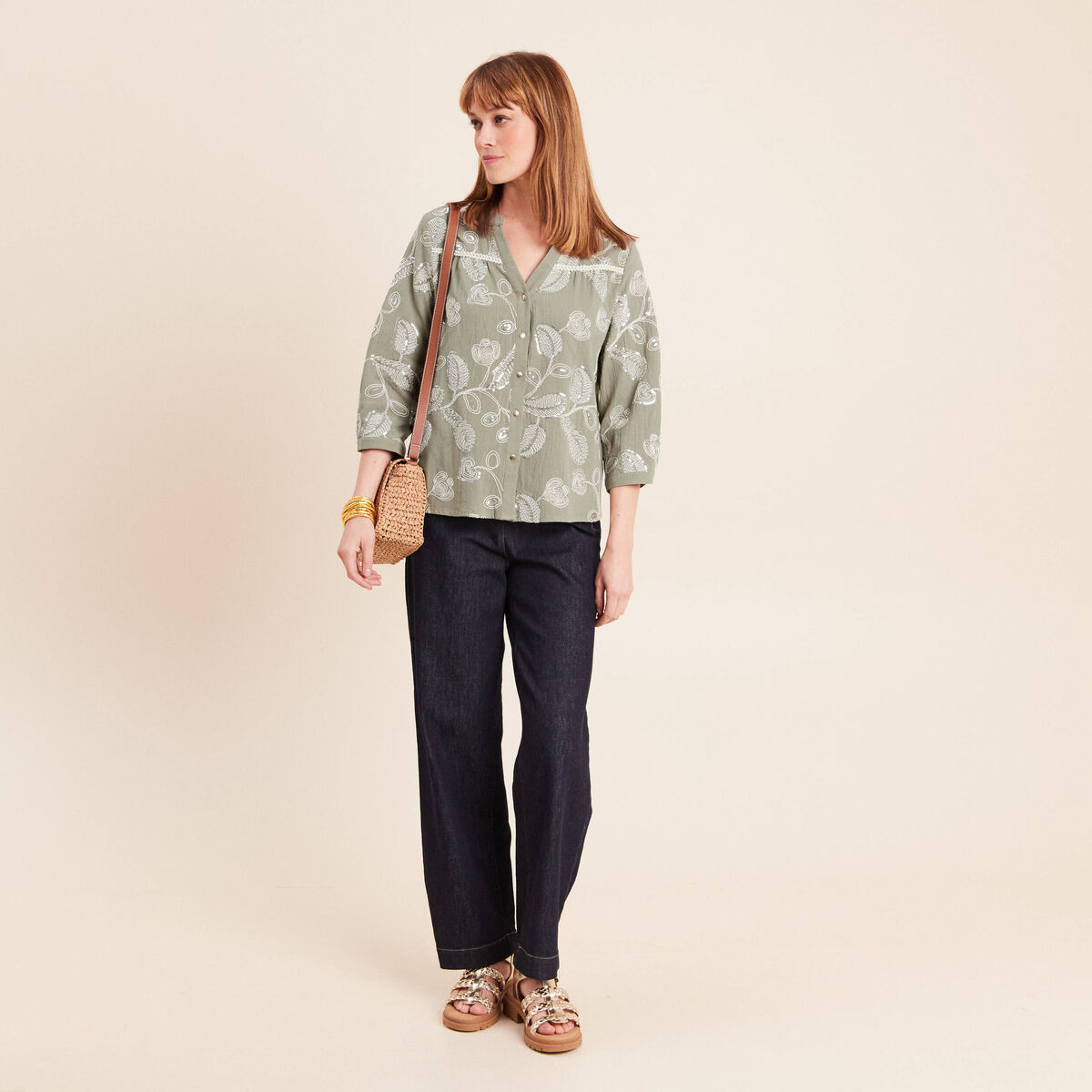 Blouse col tunisien manches 3/4 vert femme