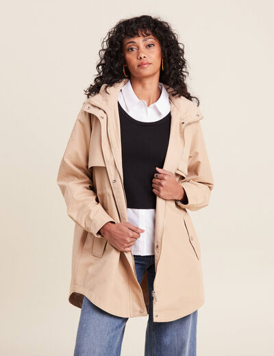 Parka déperlante cintrée à capuche beige femme