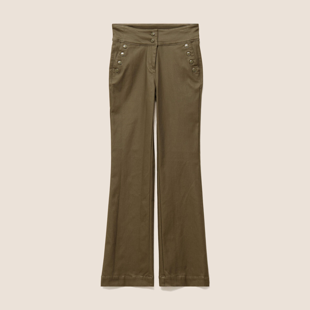 Pantalon bootcut enduit taille haute vert kaki femme