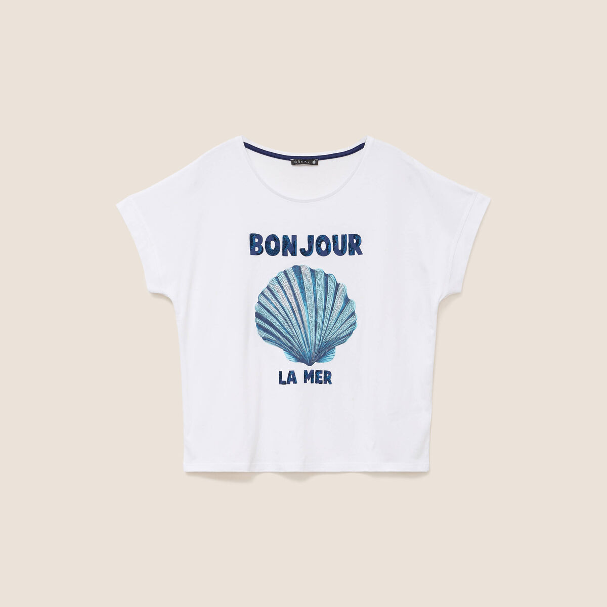 T-shirt col rond manches courtes brod&eacute; blanc femme