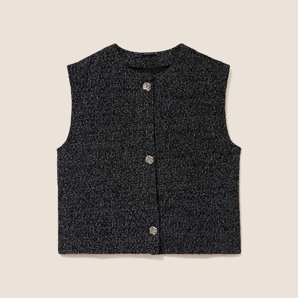 Gilet tweed droit court sans manches noir femme
