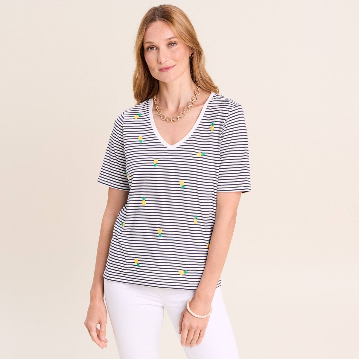 T-shirt droit broderie manches courtes bleu femme