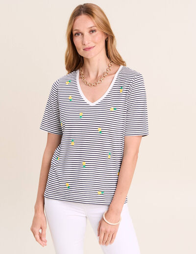 T-shirt droit broderie manches courtes bleu femme