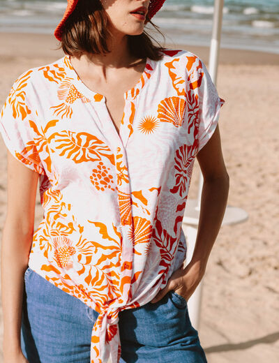 T-shirt col tunisien manches courtes rose femme