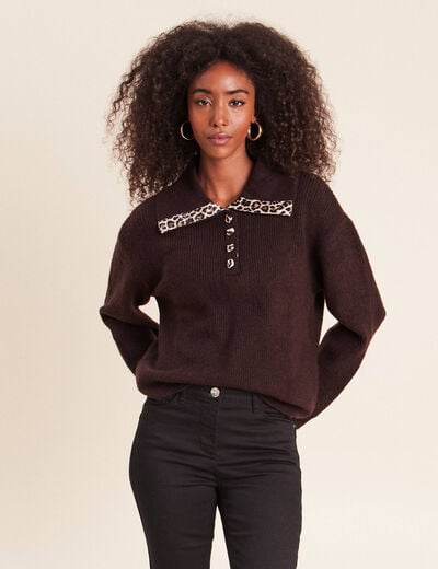 Pull droit manches longues marron fonc&eacute; femme