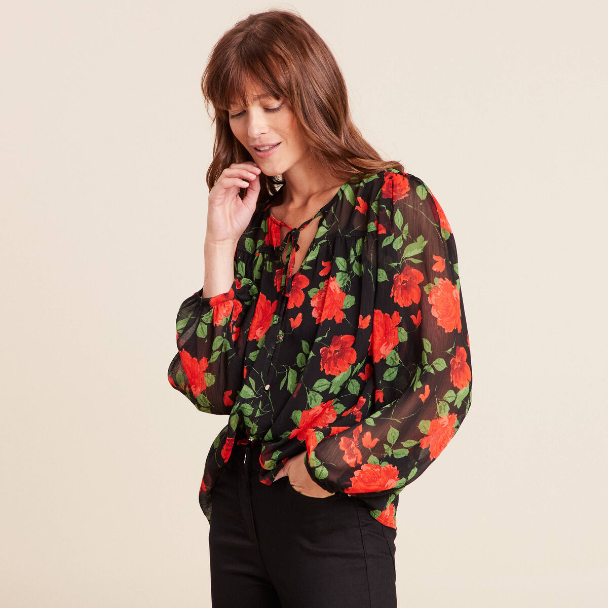 Blouse ample en voile col rond rouge femme