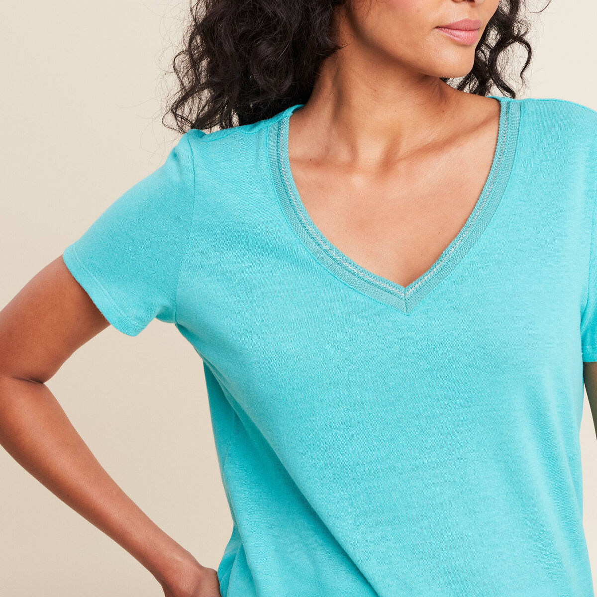 T-shirt manches courtes col en V bleu turquoise femme