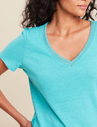T-shirt manches courtes col en V bleu turquoise femme