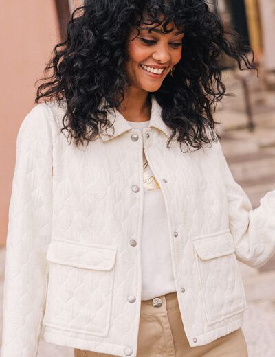 Blouson matelassé boutonné ecru femme