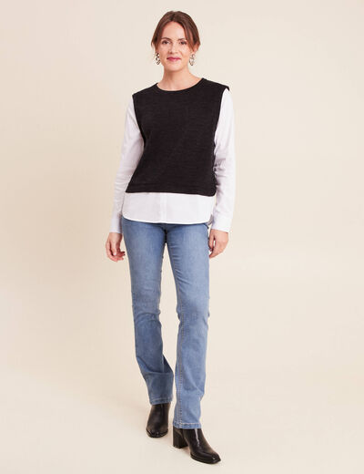 T-shirt 2 en 1 col rond manches longues noir femme