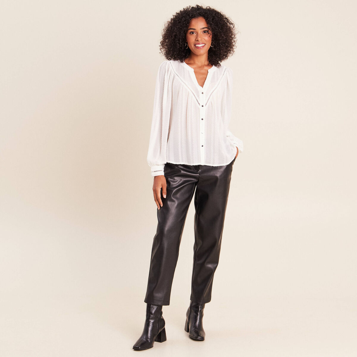 Blouse ample col chemise manches longues ivoire femme