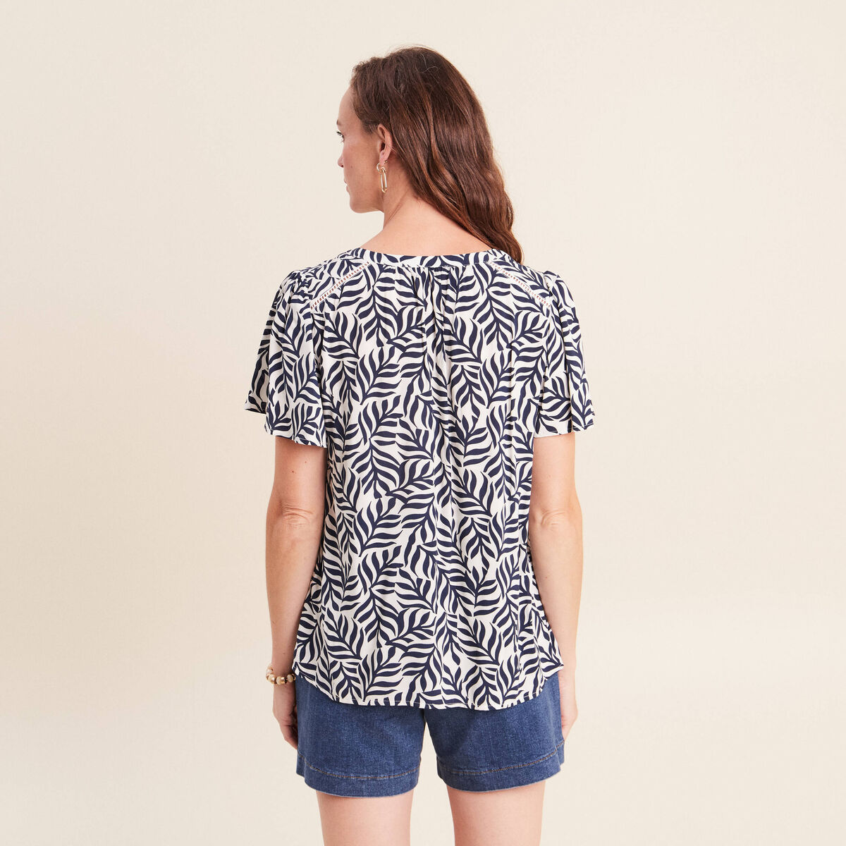 Blouse col v manches courtes fluide bleu femme