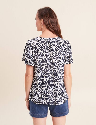 Blouse col v manches courtes fluide bleu femme