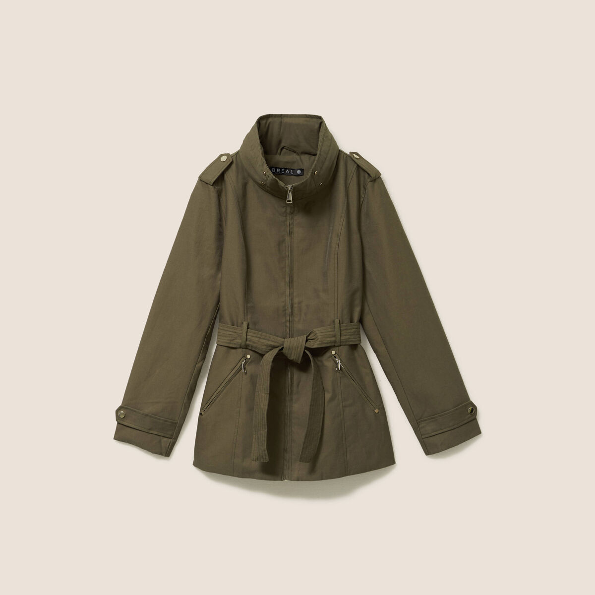 Parka droite ceintur&eacute;e vert olive femme