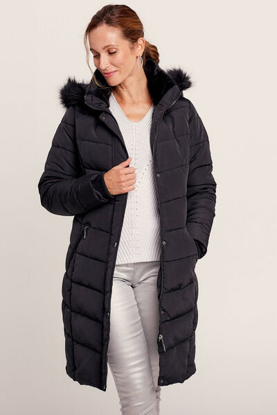Doudoune longue à capuche noir femme