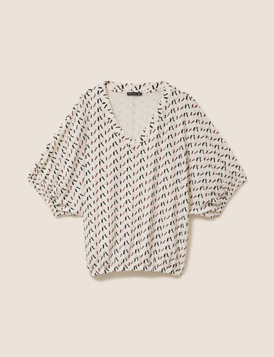 T-shirt effet boule col v manches coudes blanc femme