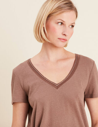 T-shirt manches courtes col en V marron cognac femme