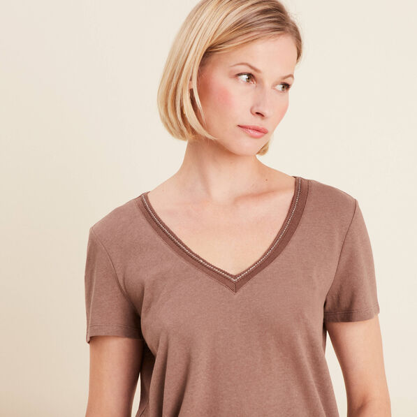 T-shirt manches courtes col en V marron cognac femme